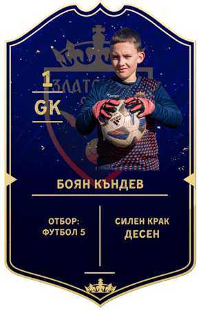 Картичка на Боян Къндев — вратар с номер 1 в отбор ФУТБОЛ 5